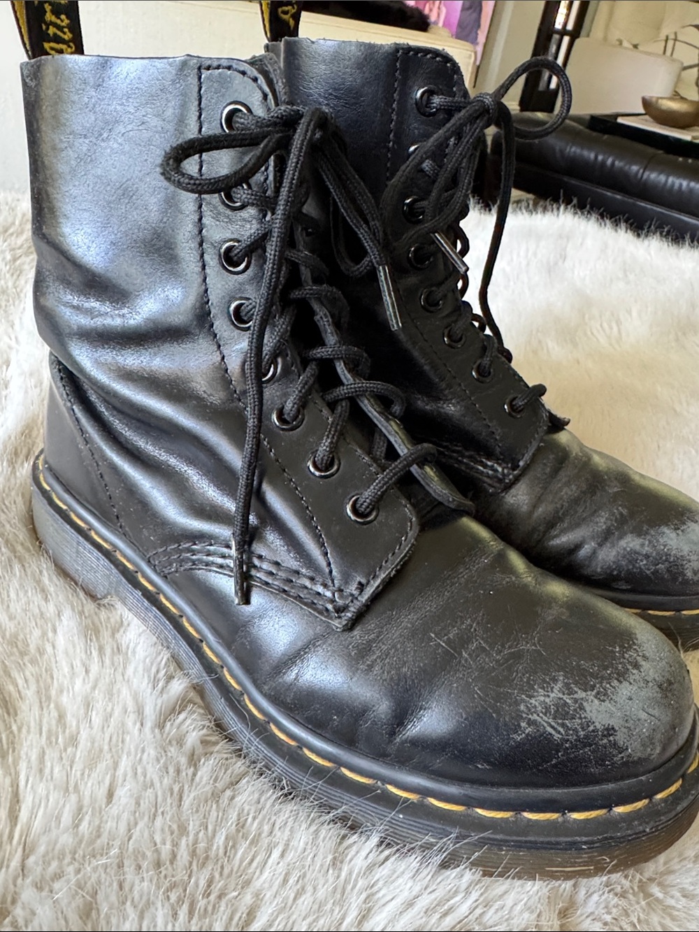 Dr. Martens Black Leather Lace-Up Combat Boots with Yellow Welt Stitching